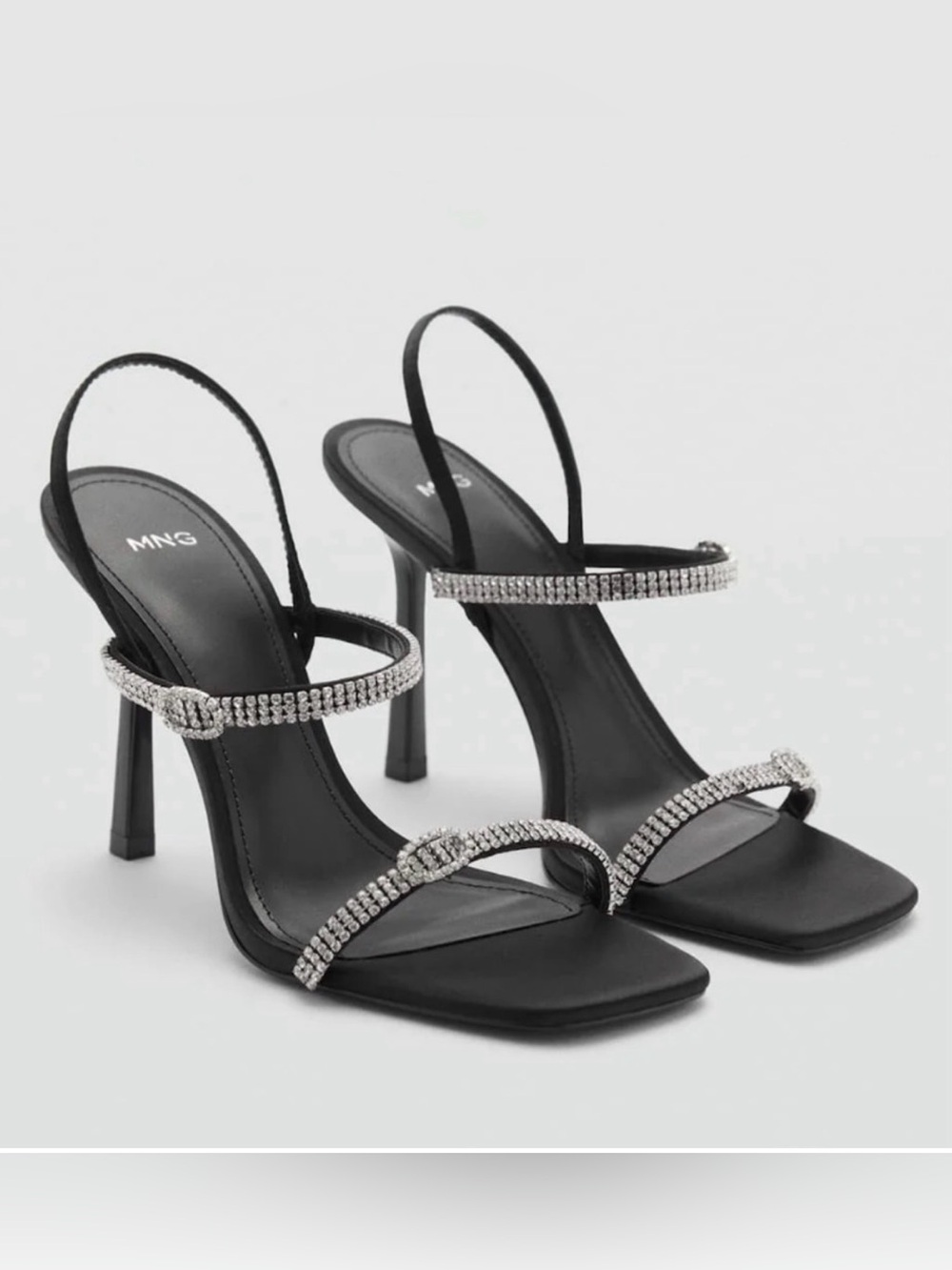 NEW MANGO MNG BLACK STRASS STRAP RHINESTONE BUCKLE SANDALS HEELS SHOES 37 US 6.5